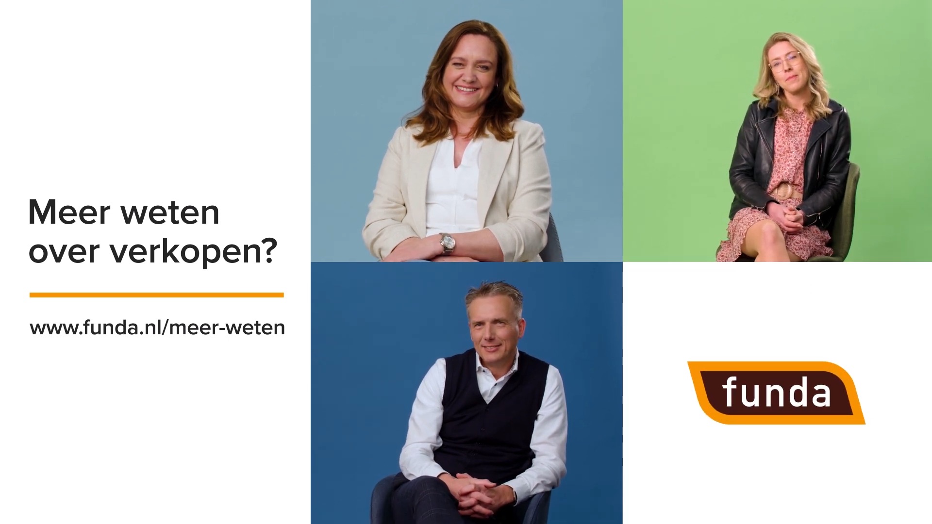 Still uit de Funda-campagne Meer weten over verkopen met drie geportretteerde mensen